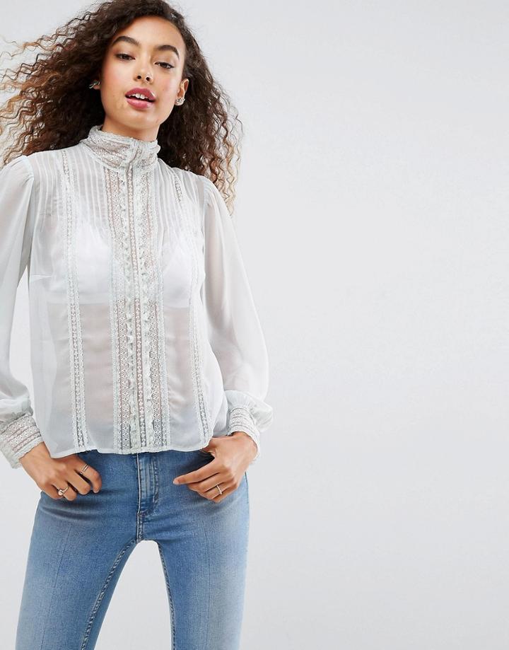 Asos Victoriana Blouse With Pintuck And Lace Detail - Blue
