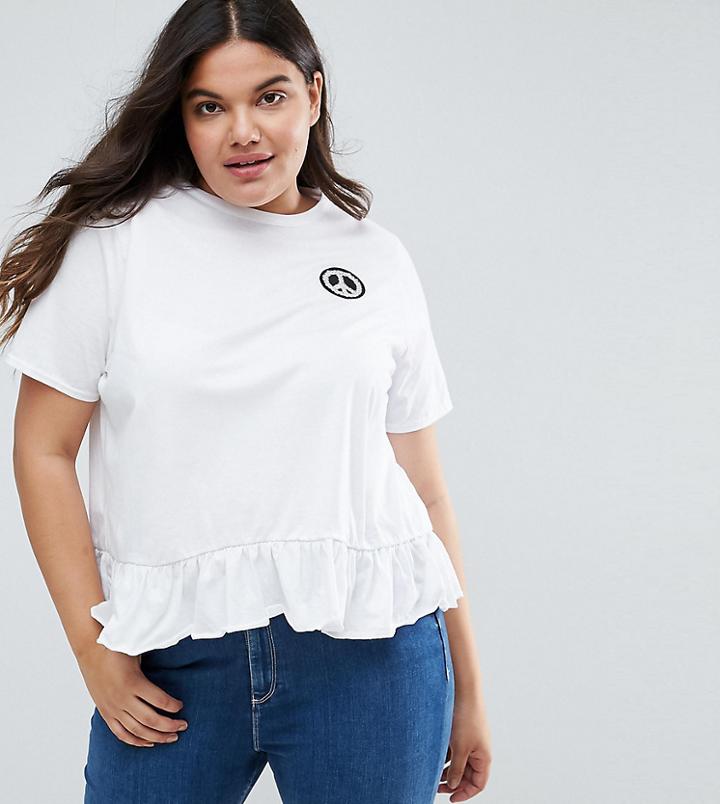 Daisy Street Plus Frill Hem Top With Peace Symbol - White