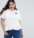Daisy Street Plus Frill Hem Top With Peace Symbol - White