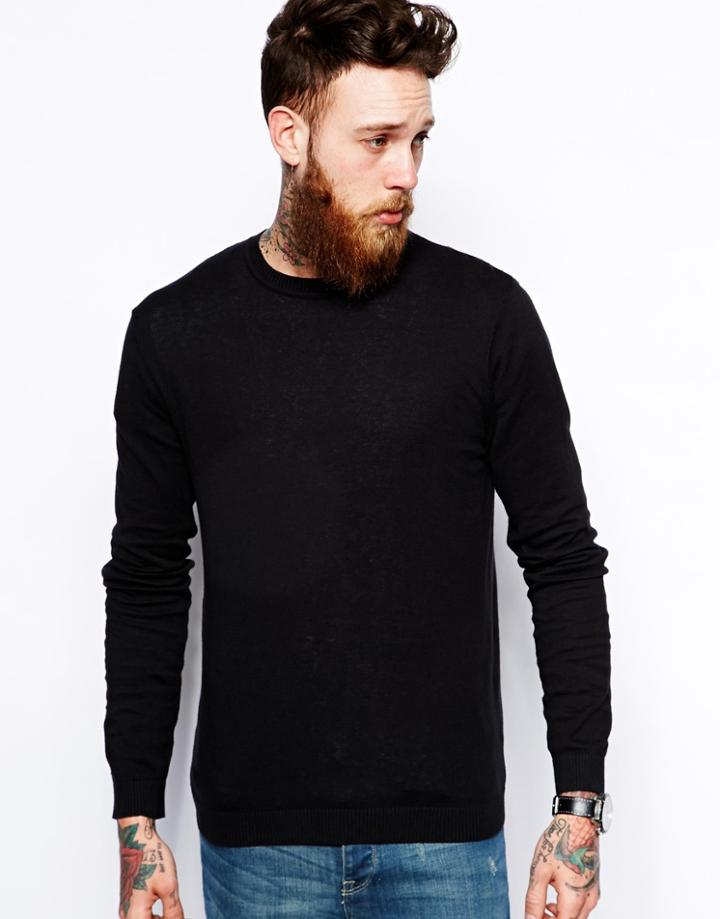 Asos Crew Neck Jumper In Black Cotton - Black