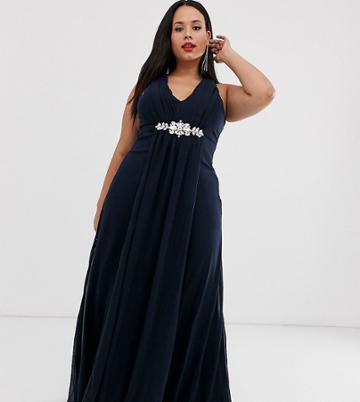 City Goddess Plus V Neck Embellished Chiffon Maxi Dress-navy
