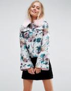 Asos Jacket In Pretty Jacquard With Faux Fur Collar - Multi