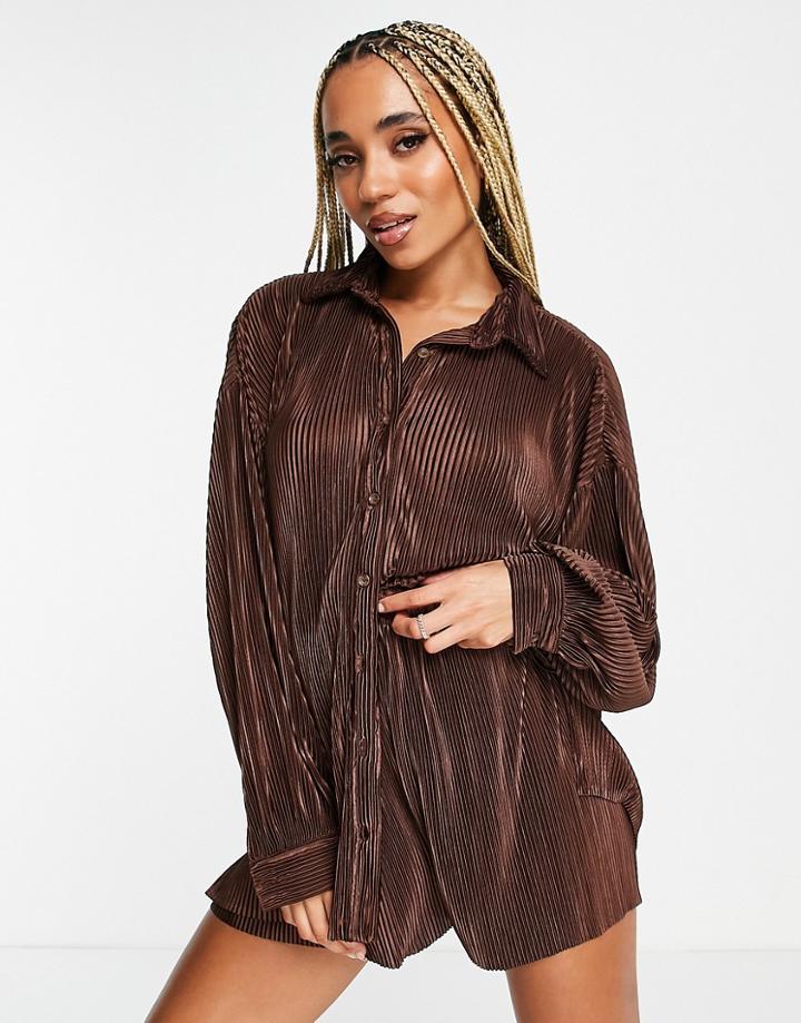 Public Desire Plisse Beach Shirt In Shiny Coffee - Part Of A Set-brown
