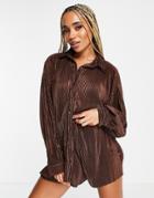 Public Desire Plisse Beach Shirt In Shiny Coffee - Part Of A Set-brown