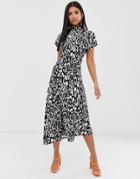 Asos Design Cowl Neck Tie Waist Maxi Dress In Mono Animal-multi