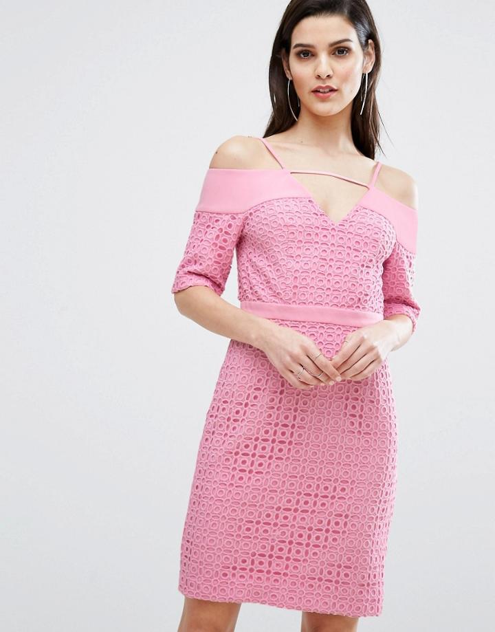 The 8th Sign Lace Cold Shoulder Midi Dress - Pink