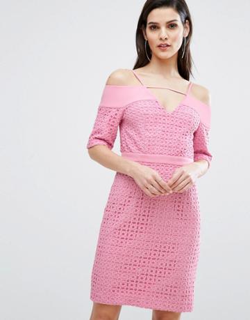 The 8th Sign Lace Cold Shoulder Midi Dress - Pink