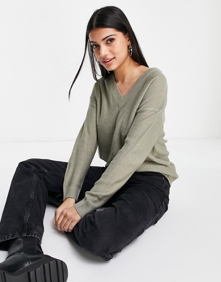 Brave Soul Oversized Kansas V Neck Sweater In Sage Green