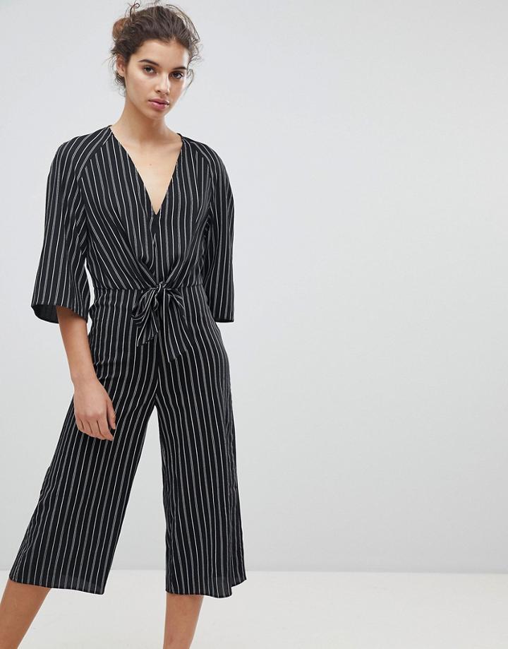 Miss Selfridge Tie Front Stripe Culotte Jumpsuit - Black