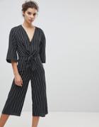 Miss Selfridge Tie Front Stripe Culotte Jumpsuit - Black