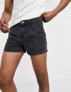 Asos Design Denim Short Shorts With Pleat In Washed Black