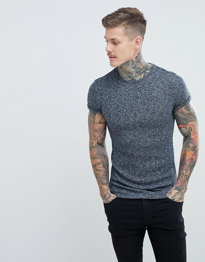 Asos Design Muscle Longline T-shirt With Curved Bound Hem And Roll Sleeve In Twisted Rib Fabric - Navy