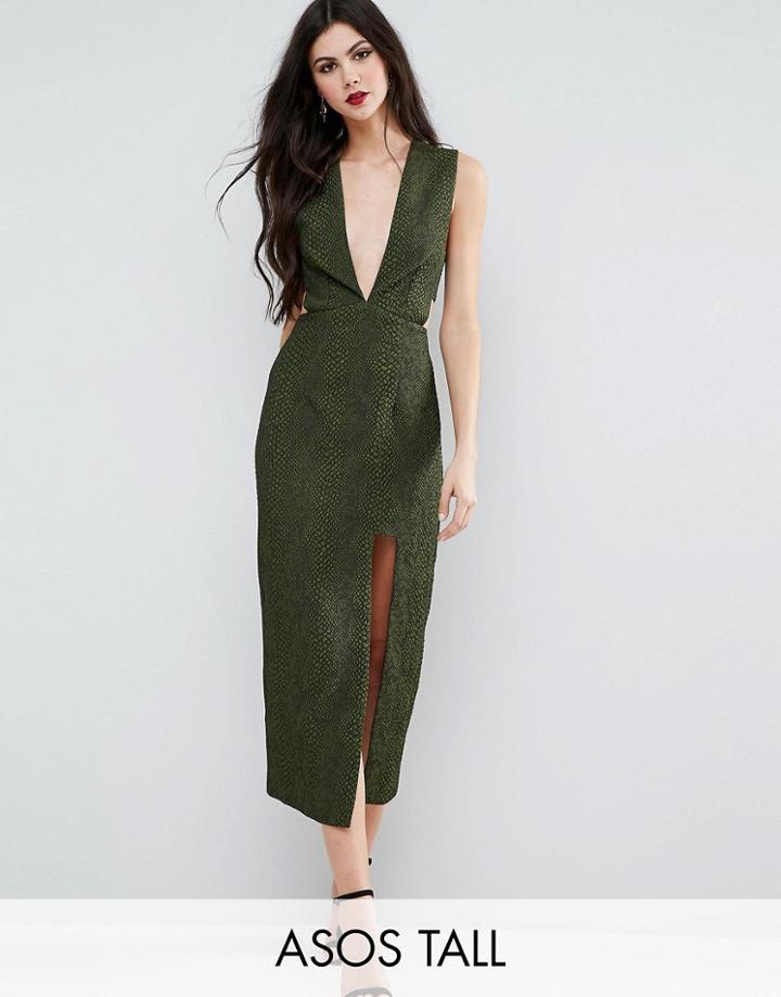 Asos Tall Deep Plunge Croc Midi Dress - Green