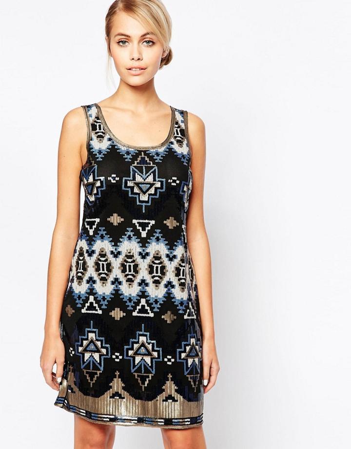 City Goddess Mini Dress With Geo-tribal Sequin Embellishment - Blue
