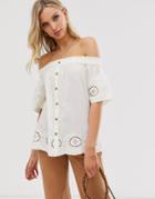 Warehouse Broderie Off Shoulder Top In Ivory - Cream