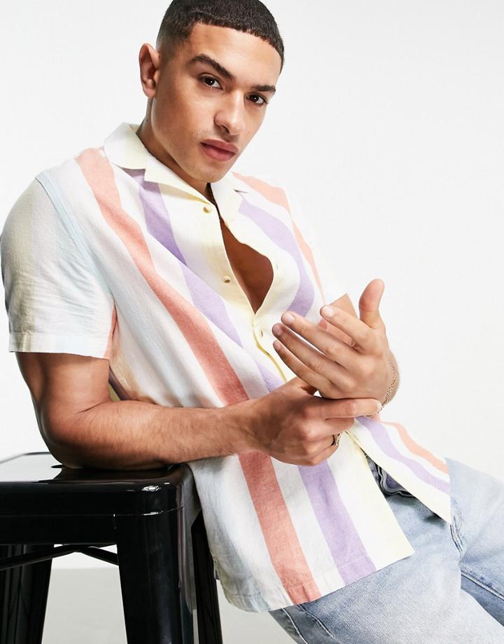 Asos Design Relaxed Revere Linen Mix Stripe Shirt In Multi Color Pop