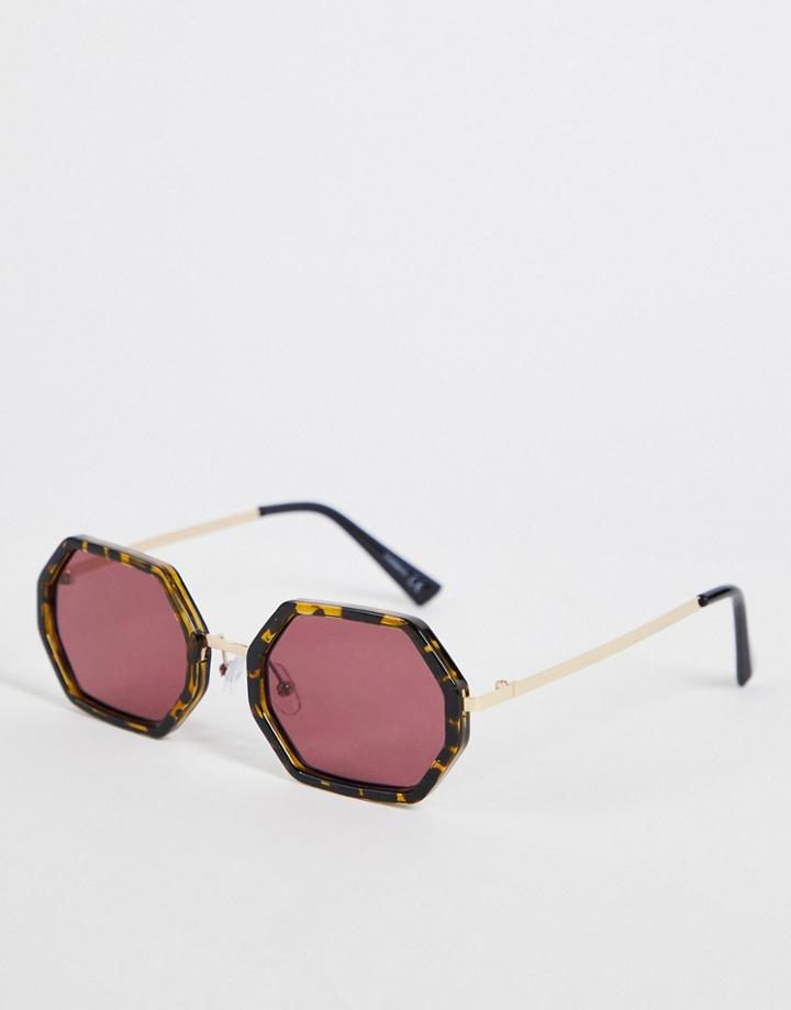 Asos Design Hexagon Sunglasses With Purple Lens In Brown Tortoiseshell