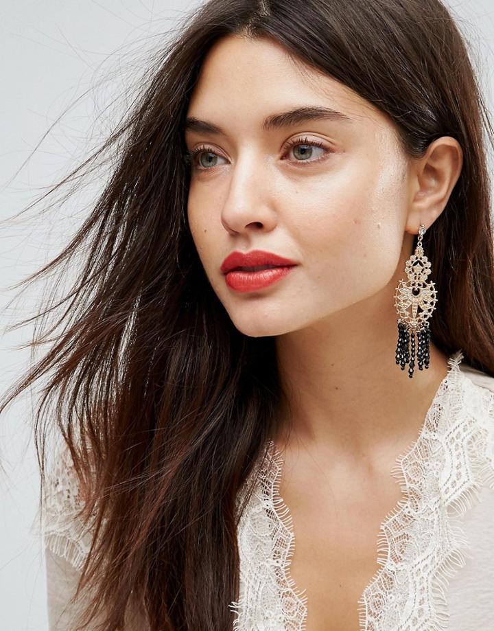 Steve Madden Festival Floral Design Beaded Fringe Earrings - Gold