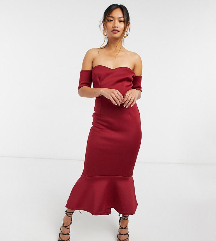 True Violet Exclusive Bardot Sweetheart Pephem Midi Dress In Plum-purple