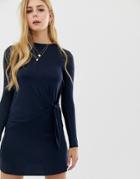 Brave Soul Knot Detail Long Sleeve Mini Dress In Navy - Navy