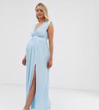 Asos Design Maternity Premium Lace Insert Pleated Maxi Dress-blue