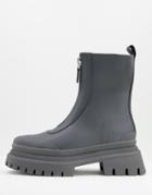 Asos Design Zip Front Boots On Triple Stacked Chunky Sole In Gray Faux Leather-grey