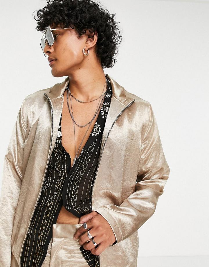 Asos Design Smart Satin Harrington Jacket In Beige - Part Of A Set-neutral