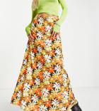 Collusion Satin Floral Print Column Maxi Skirt In Multi