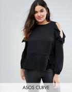 Asos Curve Blouse With Ruffle Cold Shoulder - Black