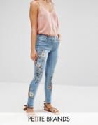 Parisian Petite Jeans With Floral Embroidery - Blue