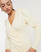 Vero Moda Wrap Top With Button Detail And Puff Sleeves In Cream-white
