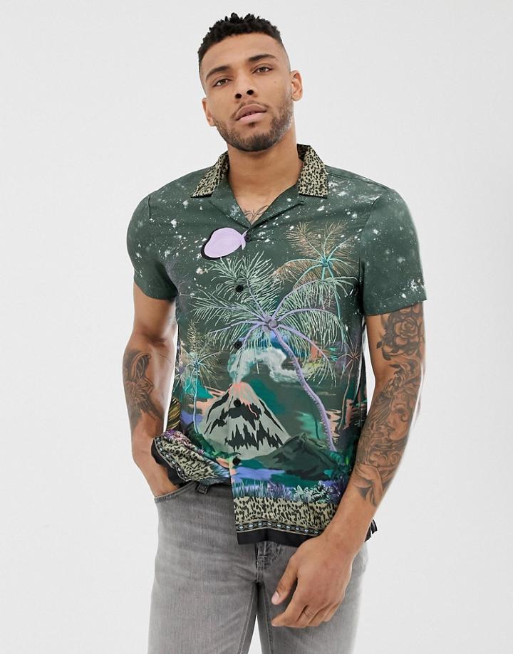 River Island Revere Shirt With Paradise Print In Khaki-green