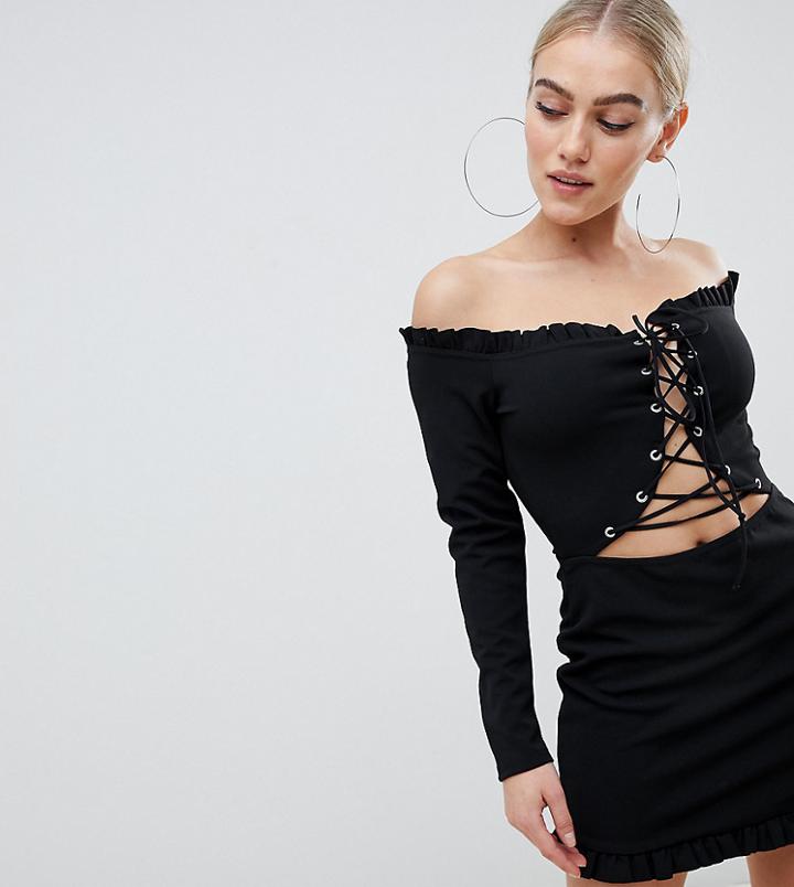 Missguided Petite Off Shoulder Lace Up Bodycon Dress In Black - Brown