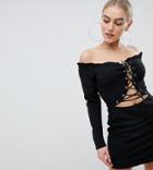 Missguided Petite Off Shoulder Lace Up Bodycon Dress In Black - Brown
