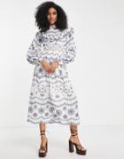 Asos Edition Broderie Blouson Sleeve Midi Dress With Contrast Embroidery-blue