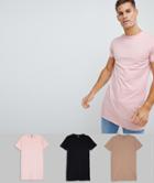 Asos Design Super Longline T-shirt With Crew Neck 3 Pack Save - Multi