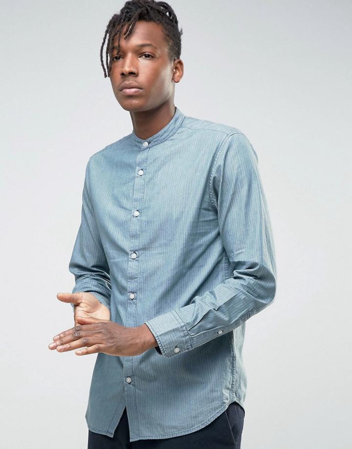 Selected Homme Denim Shirt With Grandad Collar In Regular Fit - Blue