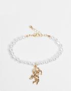 Asos Design Bracelet With Pearl And Cherub In Gold Tone