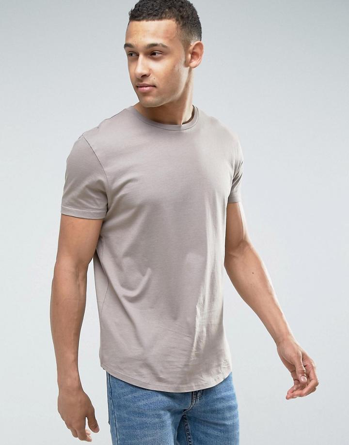 Asos Longline T-shirt With Crew Neck And Curved Hem - Brown