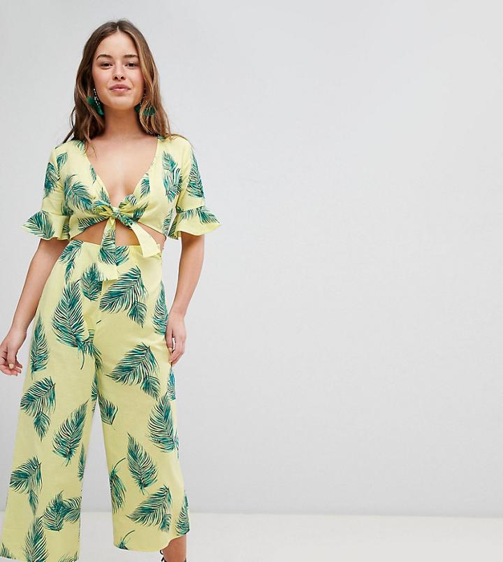 Asos Design Petite Tea Jumpsuit With Cut Out And Tie Detail In Linen In Leaf Print - Yellow