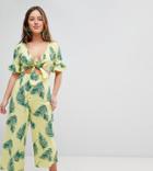 Asos Design Petite Tea Jumpsuit With Cut Out And Tie Detail In Linen In Leaf Print - Yellow