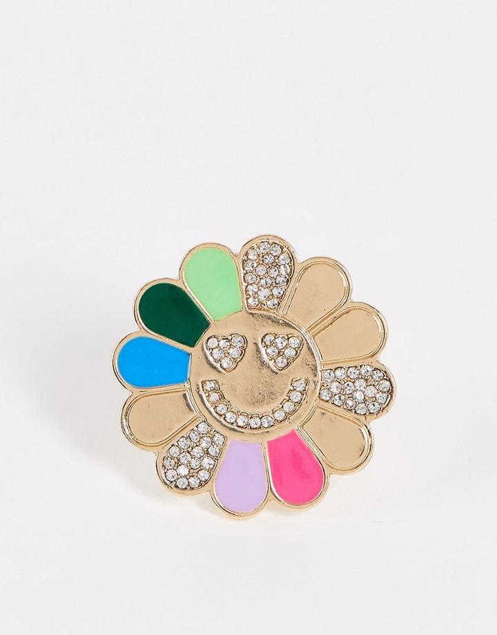 Asos Design Multicolor Flower Brooch In Gold Tone