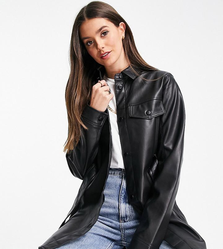 Topshop Tall Long Sleeve Belted Faux Leather Shirt In Black