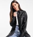 Topshop Tall Long Sleeve Belted Faux Leather Shirt In Black