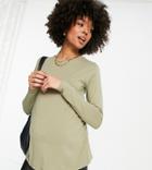 Asos Design Maternity Ultimate Slim Fit T-shirt With Long Sleeves In Cotton In Khaki-green