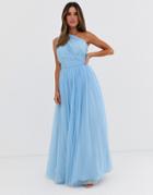 Asos Design One Shoulder Tulle Maxi Dress-blue