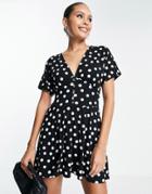 Asos Design Waisted Mini Tea Dress With Buttons In Monochrome Spot-multi