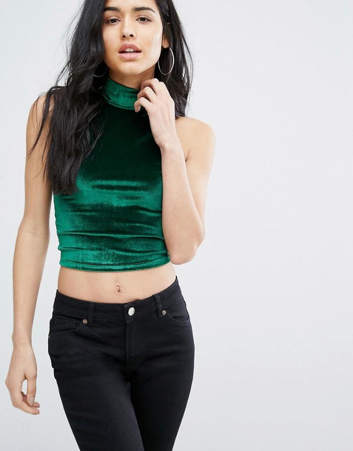 Daisy Street High Neck Velvet Crop Top - Green