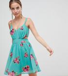 Asos Design Petite Cut Out Mini Dress In Green Floral Print-multi