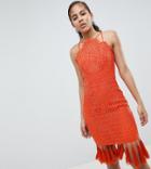 Chi Chi London Tall Lace Detail Pencil Midi Dress With V Back-orange